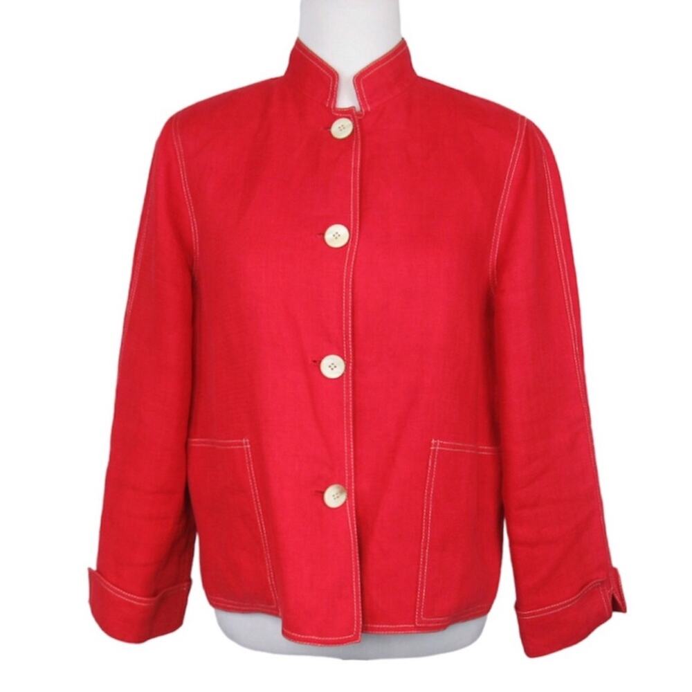 Linda Allard x Ellen Tracy Red Linen Mandarin Collar Button Front Jacket Size 10
